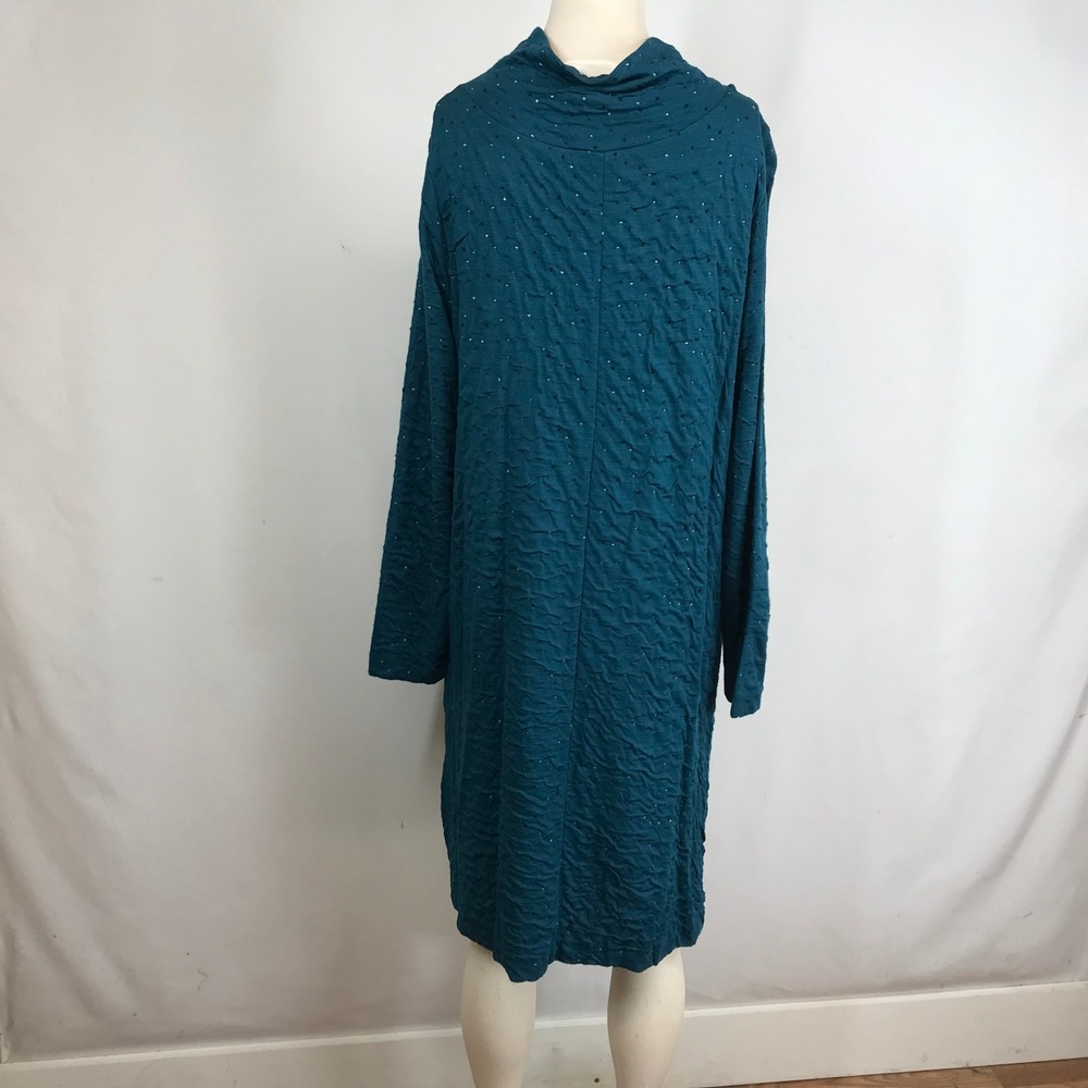 Qneel Teal Textured Mock Neck Long Sleeve Midi Dress with Sparkle Accents - Picture 5 of 11